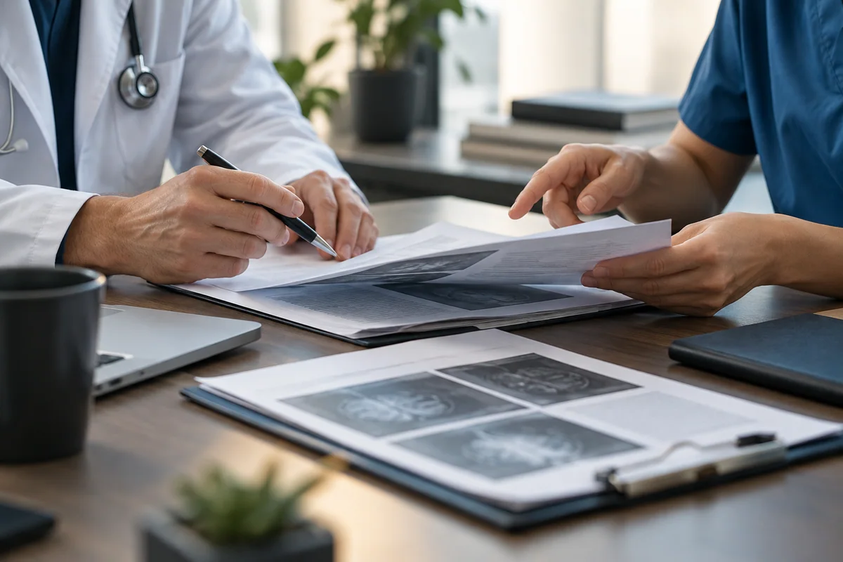Due professionisti sanitari anonimi ripresi solo dalle mani confrontano referti senza dati leggibili su un tavolo, ambiente neutro e non riconducibile a una clinica reale