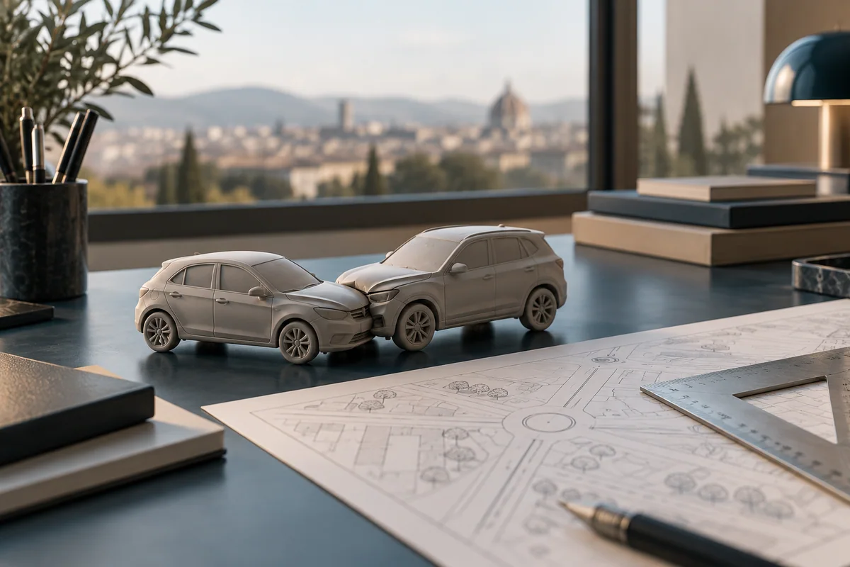 Modellini neutri di due automobili su un tavolo tecnico accanto a una planimetria anonima e a una squadra da disegno