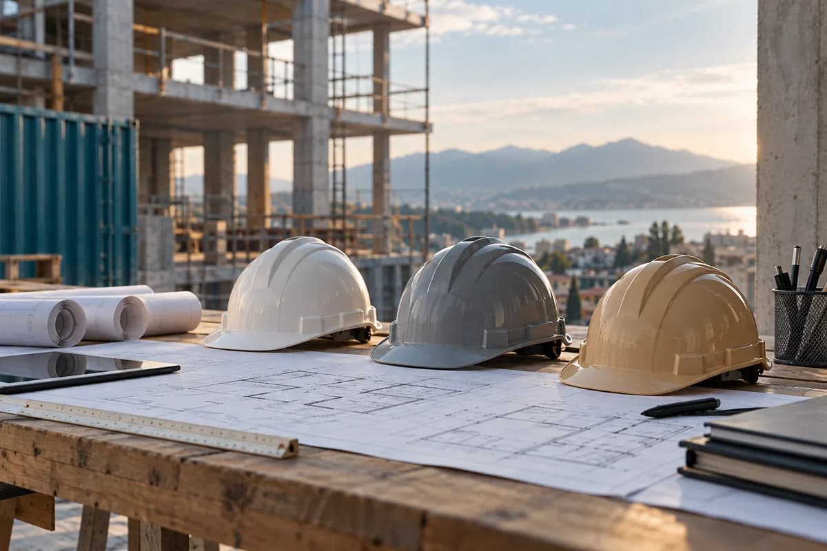 Tre caschi da lavoro di colori neutri su un tavolo di cantiere ordinato, con planimetrie anonime e nessuna persona presente